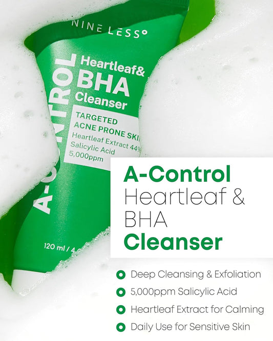 A-Control Heartleaf & Bha Cleanser – Gentle Exfoliating Foam With Salicylic Acid For Clear Skin - Korean Face Wash, Blackhead Remover, Deep Pore Cleansing, 4.05Oz