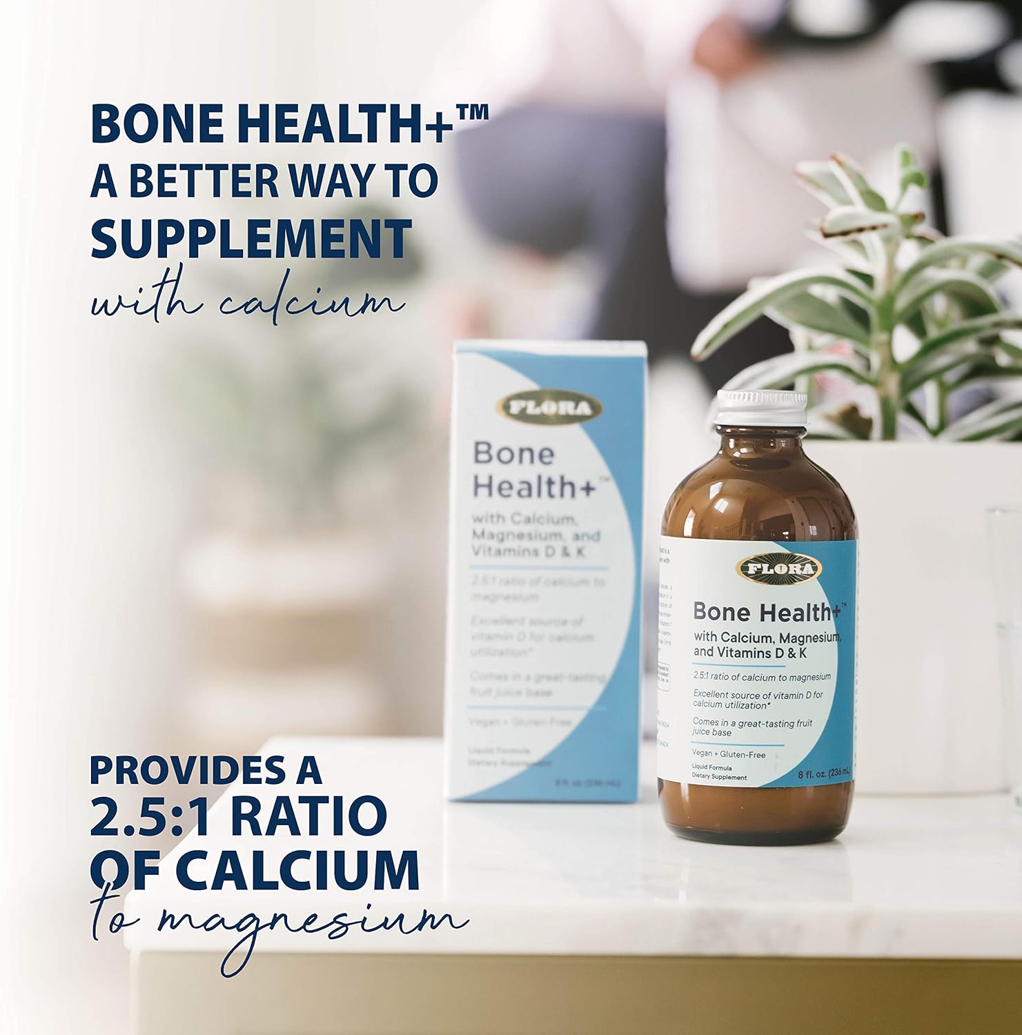 Flora - Bone Health+ with Calcium, Magnesium and Vitamins D & K, 2.5:1 Ratio of Calcium to Magnesium, Vegan, Gluten-Free Fruit Juice Base, 8-fl. oz. Glass Bottle : Health & Household