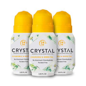 CRYSTAL Mineral Deodorant Roll-On- Body Deodorant With 24-Hour Odor Protection, Non-Staining & Non-Sticky Deodorant with Chamomile & Green Tea, Aluminium Chloride & Paraben Free, 2.25 FL OZ - 3 Pack