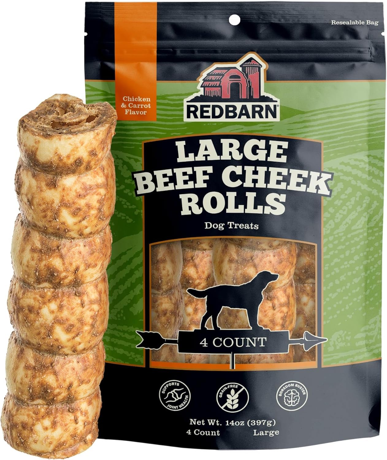 Redbarn All-Natural Large Beef Cheek Rolls For Dogs, Chicken & Carrot Glazed - Single Ingredient Grain-Free Chew Treat Naturally Rich In Collagen - 4 Pack - Packaging May Vary
