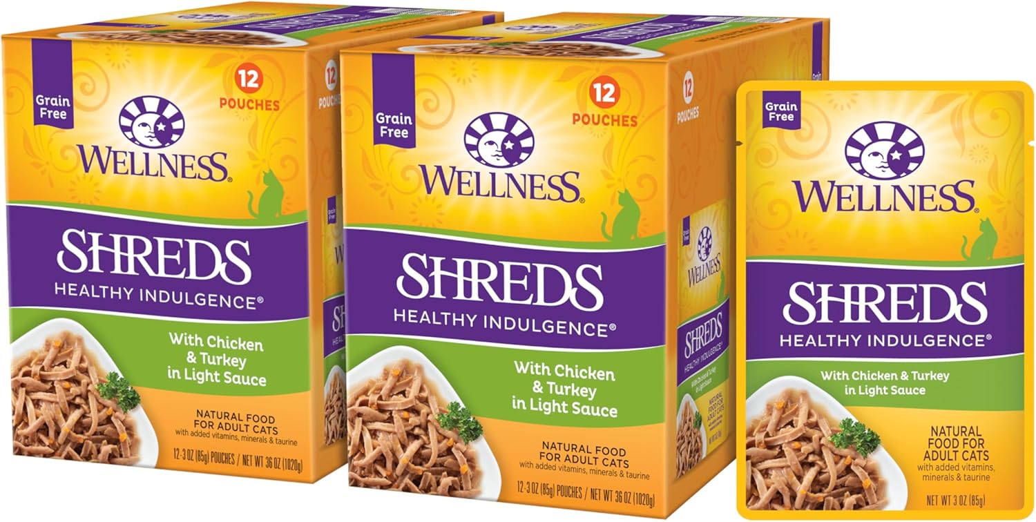 Wellness Healthy Indulgence Shreds Grain-Free Wet Cat Food, Made With Natural Ingredients And Quality Proteins, Complete And Balanced Meal, 3 Oz Pouches (Chicken & Turkey In Light Sauce, 24 Pack)