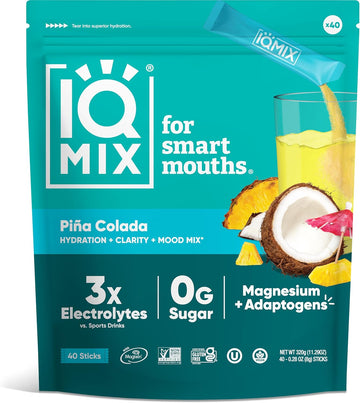 Iqmix Sugar Free Electrolytes Powder Packets - Hydration Supplement Drink Mix With Keto Electrolytes, Lions Mane, Magnesium L-Threonate, And Potassium Citrate - Piña Colada (40 Count)