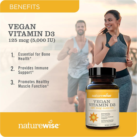 Naturewise Vegan Vitamin D3 5000Iu (125 Mcg) From Lichen - Support For Immune, Muscle, Bone Health - Bioavailable With Extra Virgin Olive Oil - Non-Gmo, Gluten-Free - 60 Softgels[2-Month Supply]