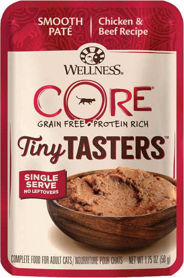 Wellness Core Tiny Tasters Wet Cat Food, Complete & Balanced Natural Pet Food, Made With Real Meat, 1.75-Ounce Pouch, 12 Pack (Adult Cat, Chicken & Beef Pate)