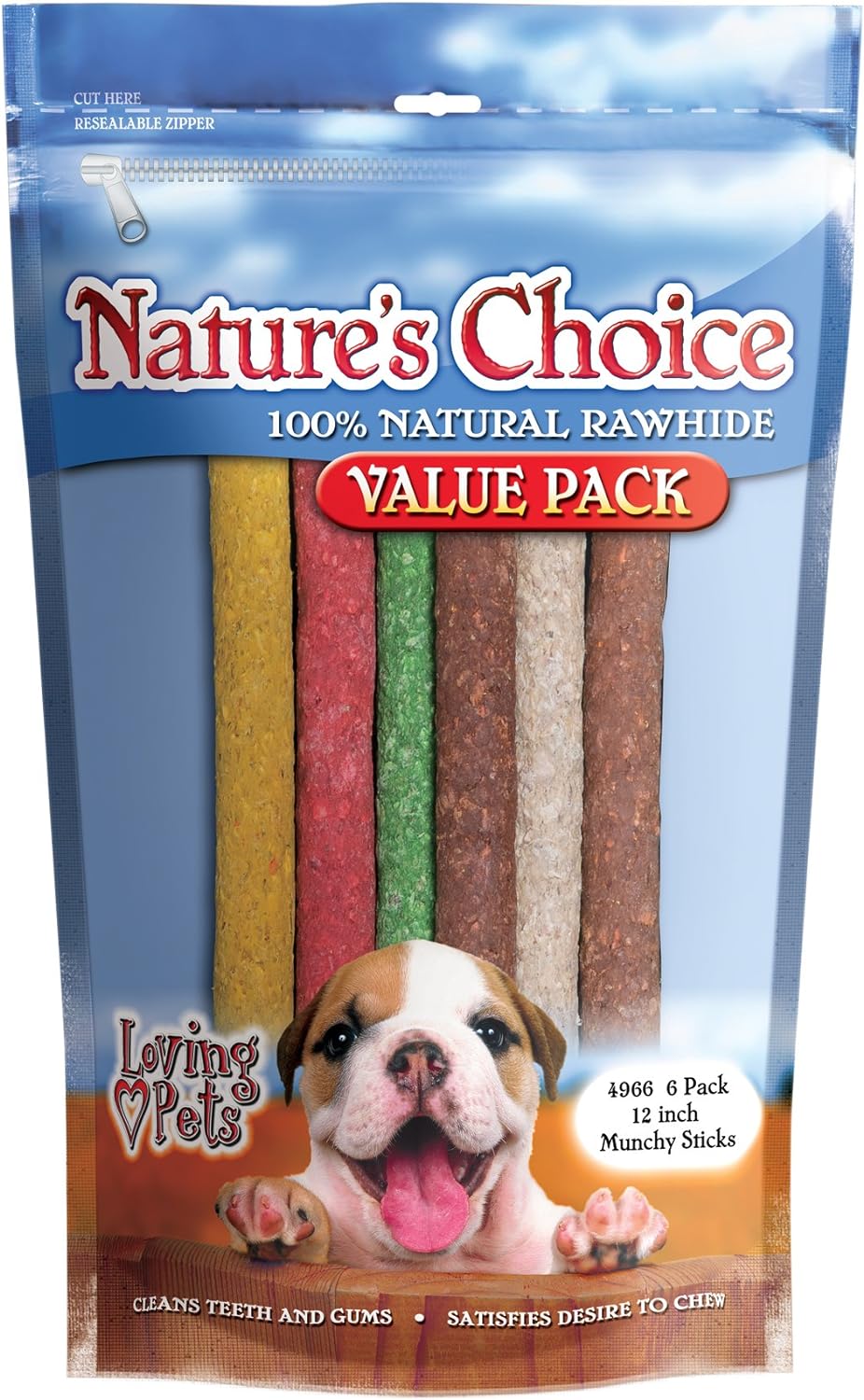 Loving Pets Nature's Choice - 12" Munchy Rawhide Sticks Assorted Colors (6 Pack)