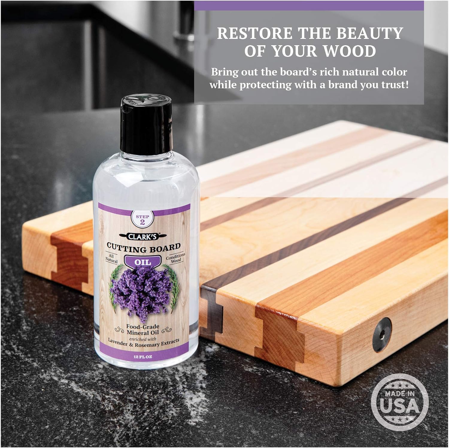 CLARK'S Cutting Board Care Kit - Includes Mineral Oil - Finishing Wax (6oz) - Applicator - Scrub Brush - Buffing Pad - Infused with Lavender and Rosemary Extract - Features Clark's Cutting Board Wax : Sports & Outdoors
