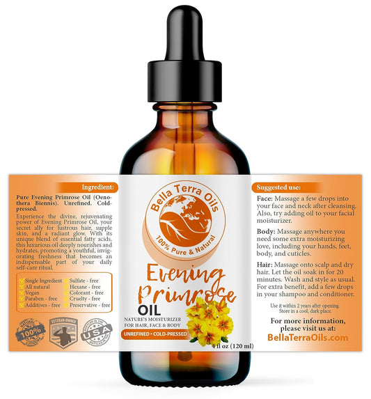 Bella Terra Oils - Organic Evening Primrose Oil 4oz - Unveiling the Richness of Cold-Pressed Organic Evening Primrose, Abundant in Vitamin F & Essential Fatty Acids for an Enhanced Glow