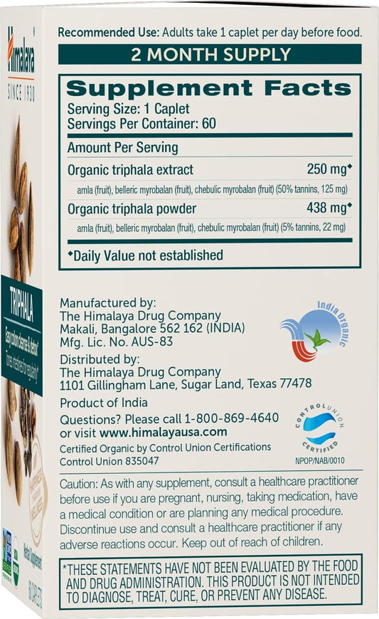 Himalaya Organic Triphala, 2 Month Supply, for Colon Cleanse, Detox & Occasional Constipation, USDA Certified Organic, Non-GMO, Gluten-Free, Extract & Powder Herbal Supplement, 688 mg, 60 Caplets