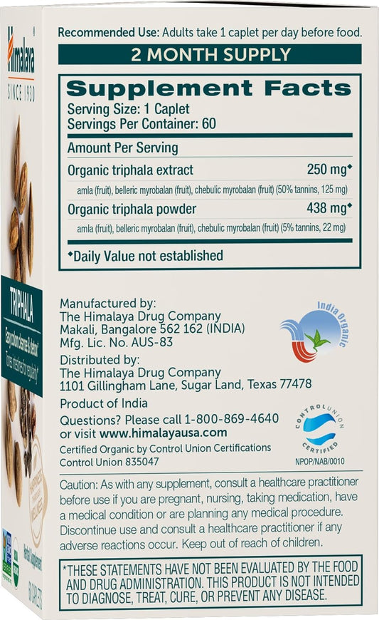 Himalaya Organic Triphala, 2 Month Supply, For Colon Cleanse, Detox & Occasional Constipation, Usda Certified Organic, Non-Gmo, Gluten-Free, Extract & Powder Herbal Supplement, 688 Mg, 60 Caplets