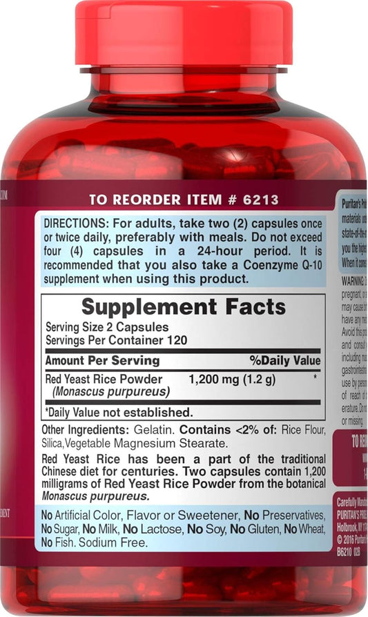 Puritan'S Pride Red Yeast Rice 600 Mg, 240 Count, Red Yeast Rice Powder, Gelatin. Contains <2% Of Rice Flour, Silica, Vegetable Magnesium Stearate