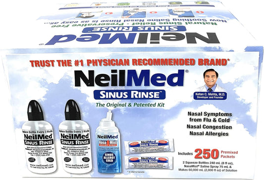 Neilmed Sinus Rinse - 2 Squeeze Bottles 240Ml (8Fl Oz) & Nasamist Saline Spray 75Ml - 250 Premixed Packets - Bonus Nasa Mist Saline Spray - Value Pack