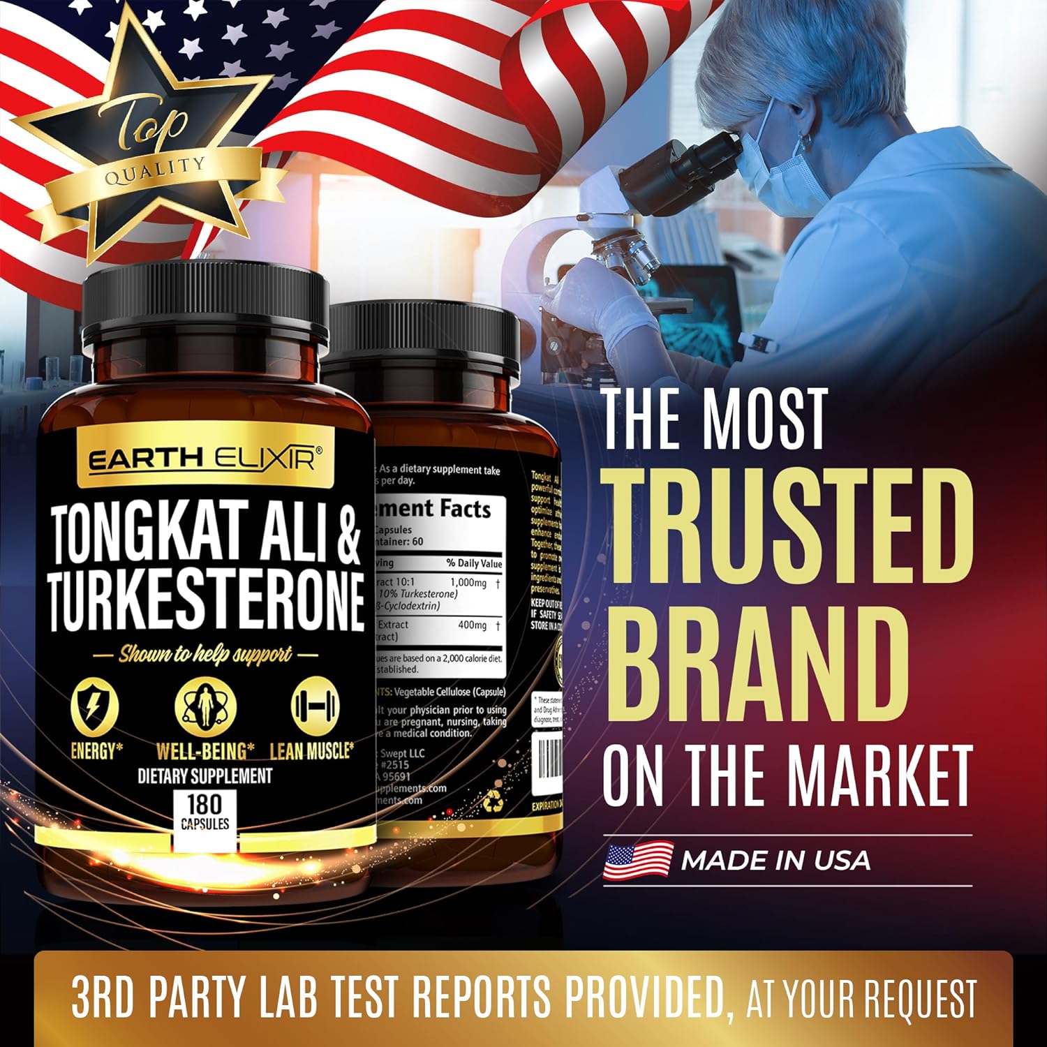 Earth Elixir Turkesterone 1000mg and Tongkat Ali 400mg Supplement (180 Capsules) - Made in USA - Max Purity - Tongkat Ali Extract and Turkesterone Supplement for Men - Zero Fillers - Non-GMO : Health & Household