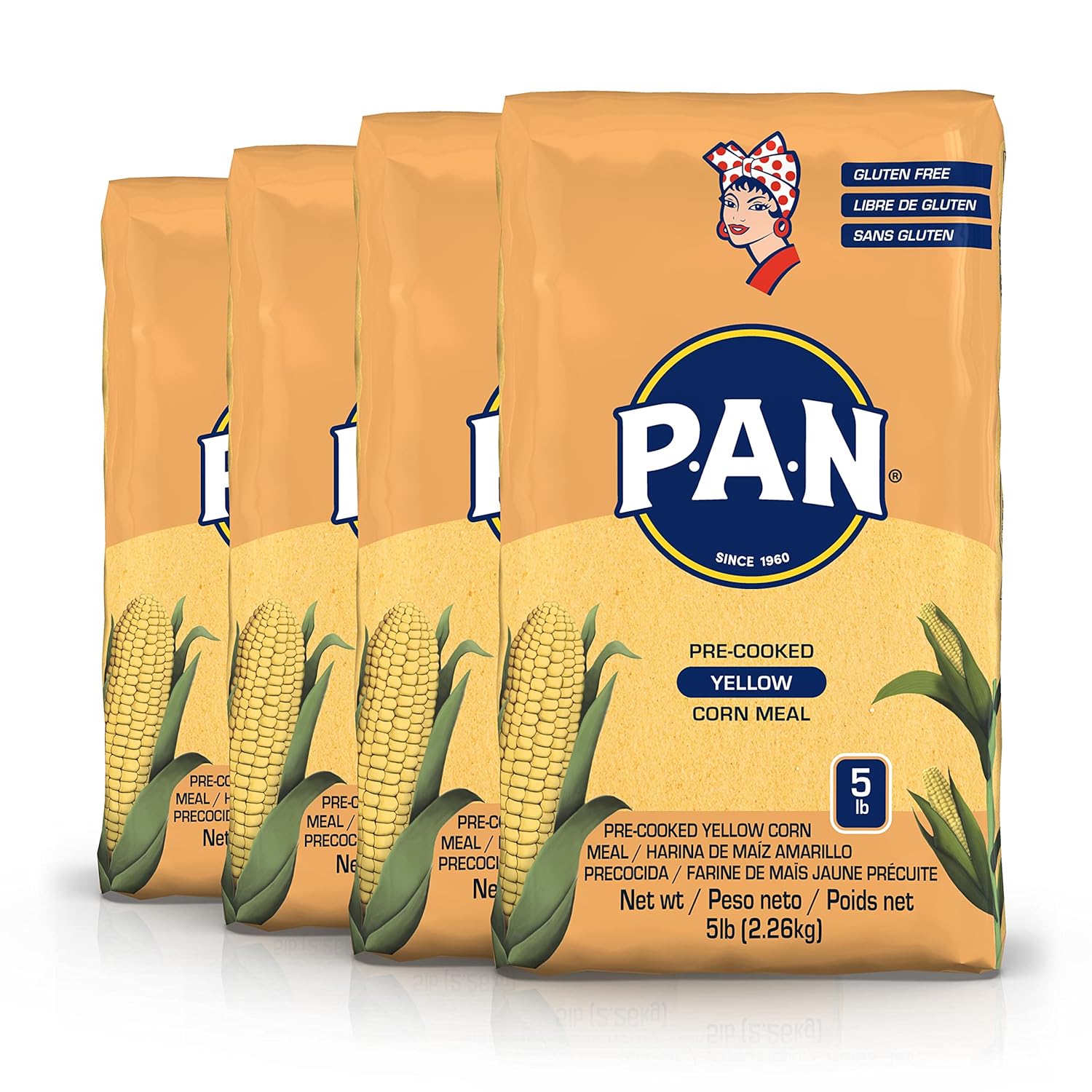 P.A.N. Yellow Corn Meal – Pre-cooked Gluten Free and Kosher Flour for Arepas, 2.27 kg (5 lb) (Pack of 4)