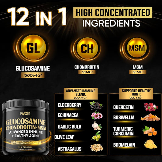 Glucosamine Chondroitin Msm With Immune & Joint Support Supplement 2000Mg - Turmeric Curcumin Root, Boswellia, Elderberry, Echinacea & More - 120 Capsules - Bone Health, Flexibility & Strength Support