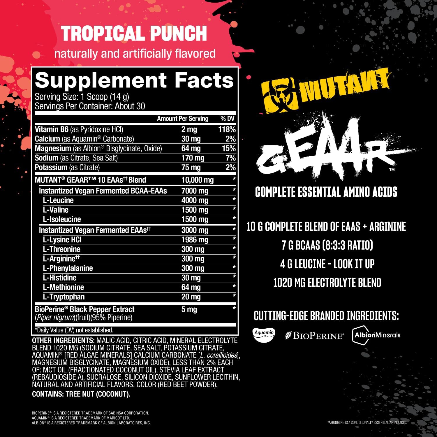 Mutant Geaar - 9.4G Of Eaa Powder + Arginine, 7G Bcaas, 4G Leucine, Electrolytes, Coconut Water, 30 Servings - Fruit Punch : Health & Household