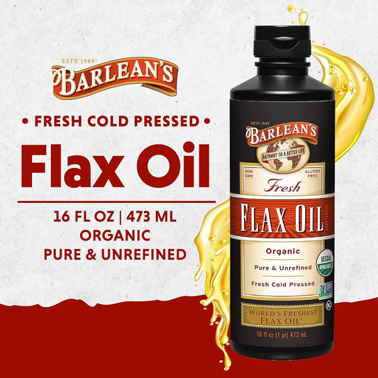 Barlean's Organic Flaxseed Oil Liquid from Cold Pressed Flax Seeds, 7,640mg ALA Omega 3 Fatty Acid Supplement for Joint and Heart Health, Vegan & Gluten Free, 16 oz