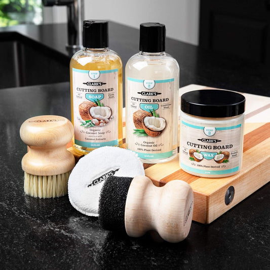 CLARK'S Cutting Board Care Kit with Coconut Oil - Includes Wax, Soap, Scrub Brush, Buffing Pad, and Applicator - for Kitchen Countertops, Butcher Blocks, Wooden Bowls and Utensils - Food Safe