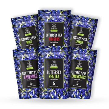 Blue Tea - Butterfly Pea Flower Assortment Sampler (6 Flavors, 30 Tea Bags) | Variety Pack | Herbal Tea - Flower Based - Caffeine Free - Farm Fresh - Natural Ingredients | Zipper Pack