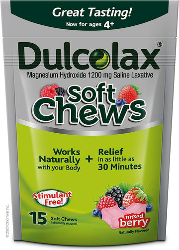 Dulcolax Soft Chews Saline Laxative Gentle Constipation Relief, Magnesium Hydroxide 1200mg, 15 Count, Mixed Berry Flavor