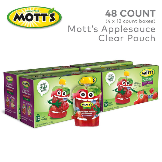 Mott'S No Sugar Added Mixed Berry Applesauce, 3.2 Oz Clear Pouches, 48 Count (4 Packs Of 12), Good Source Of Vitamin C, No Artificial Flavors