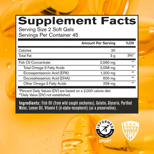 Bare Performance Nutrition, Bpn Strong Omega Fish Oil Soft Gel, 1290Mg Fish Oil Per Capsule, Wild Caught Fish, Sustainably Sourced, Ifos Certified