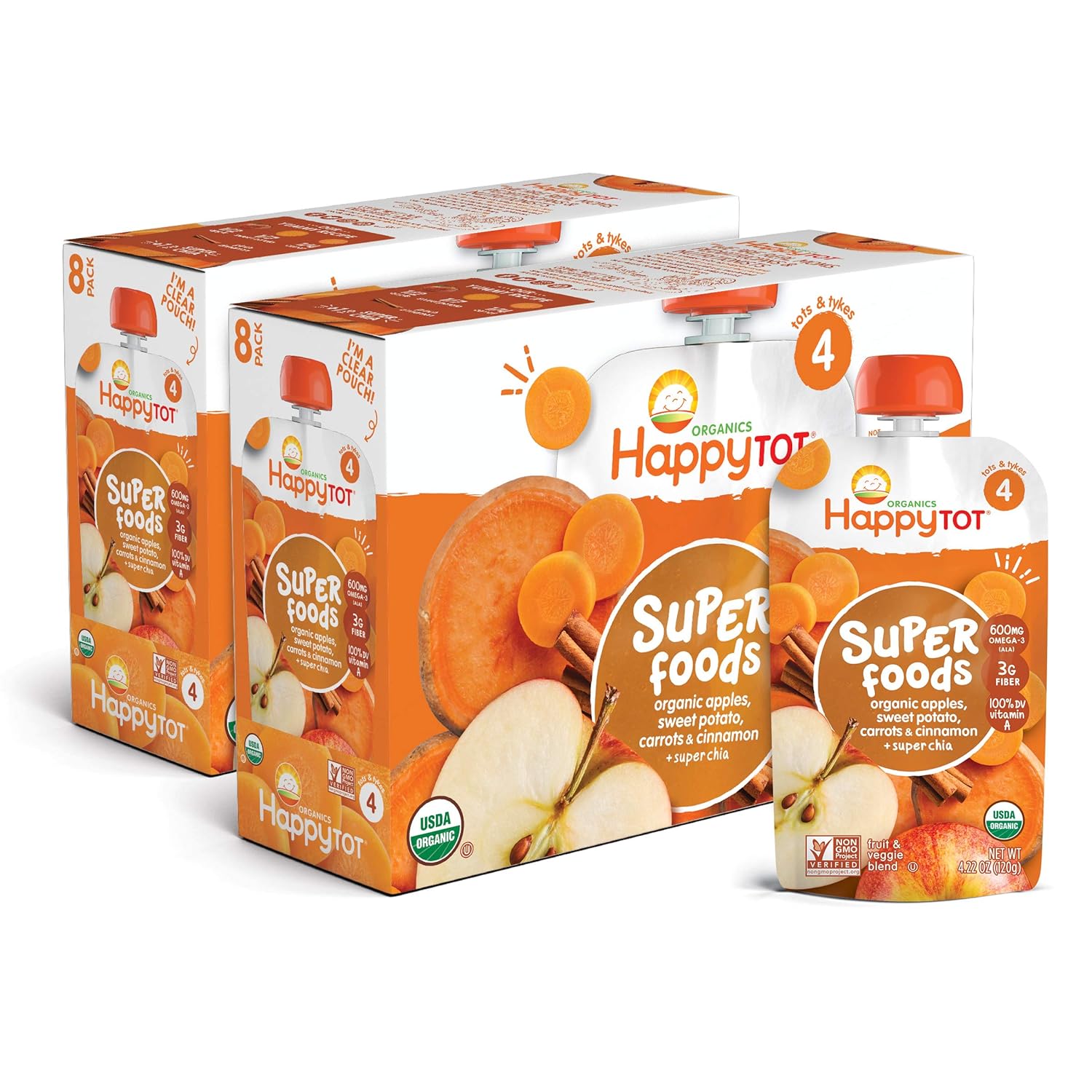 Happy Tot Organics Super Foods, Apple Sweet Potato Carrots & Cinnamon + Super Chai, 4.22 Ounce Pouch (Pack Of 8)