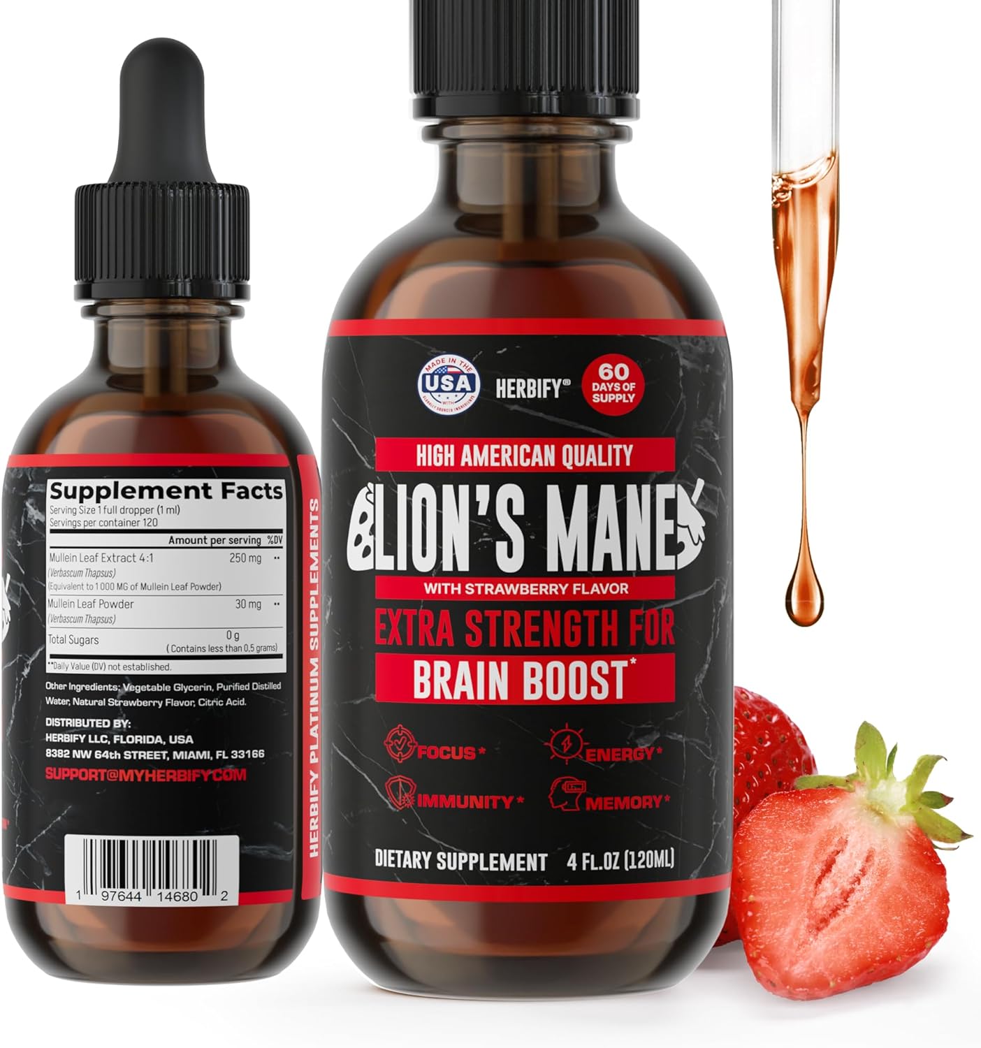 Herbify Lions Mane Supplement - Daily Mushroom Supplement For Memory, Focus & Clarity - Brain Booster - Lions Mane Tincture For Immune Support - 4 Fl Oz Grape Flavor
