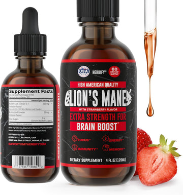 Herbify Lions Mane Supplement - Daily Mushroom Supplement For Memory, Focus & Clarity - Brain Booster - Lions Mane Tincture For Immune Support - 4 Fl Oz Grape Flavor