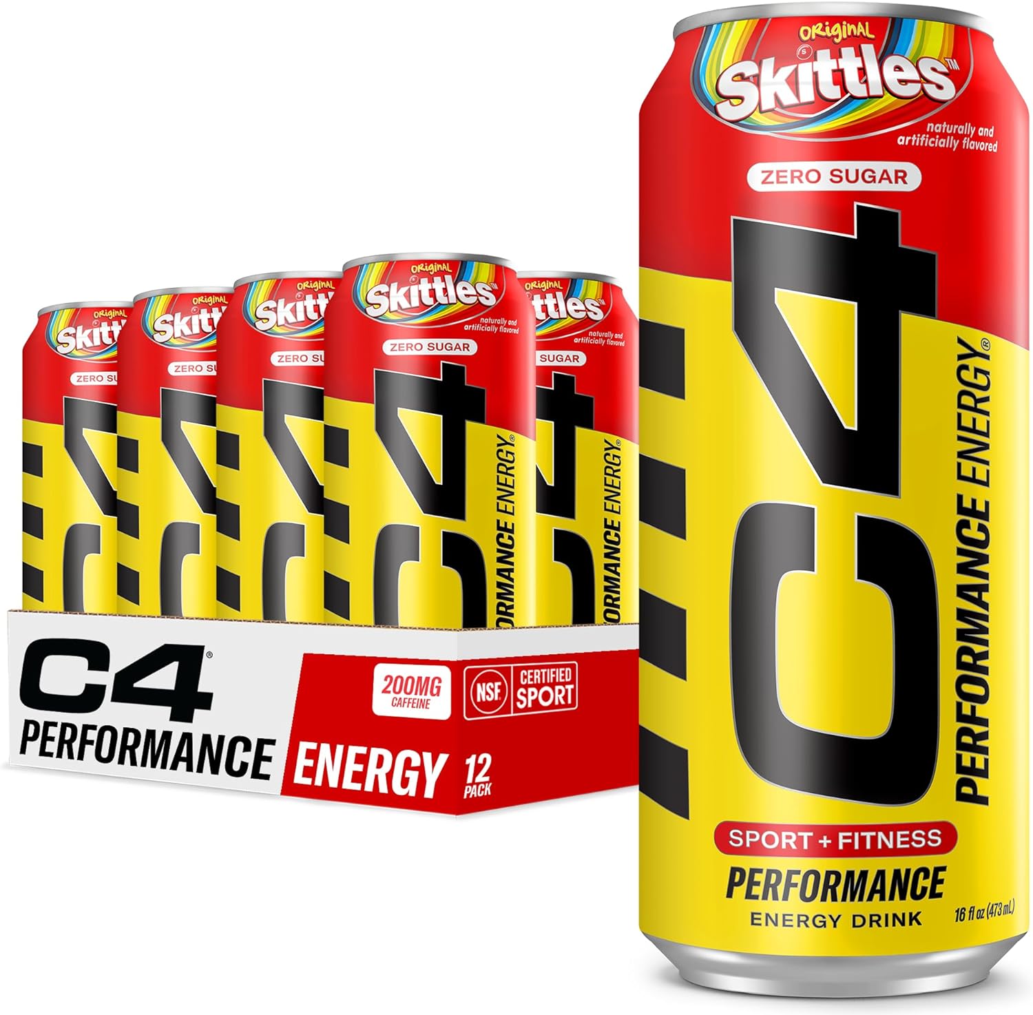 C4 Performance Energy Drink | Skittles™ | Zero Sugar Carbonated Preworkout Energy | 200Mg Caffeine With Beta Alanine | 16 Fl Oz (12 Pack)