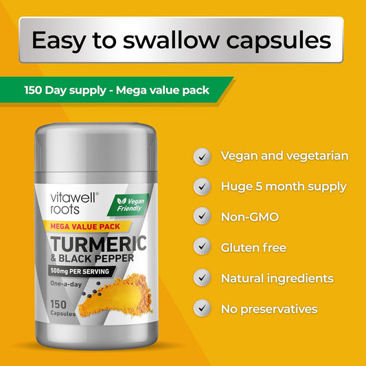 Vitawell Turmeric & Black Pepper | 150 Capsules | 500Mg Turmeric (Curcuma Longa) With Black Pepper | 1 A Day Adult Vitamin | 5 Month Supply | By Vitawell