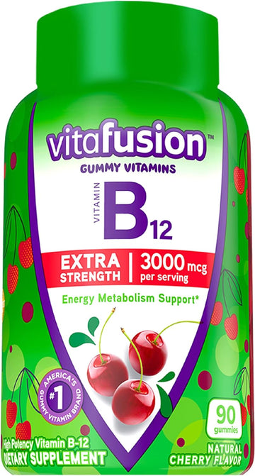 Vitafusion Extra Strength Vitamin B12 Gummy Vitamins for Energy Metabolism Support and Nervous System Health Support, Cherry Flavored, America?s Number 1 Brand, 45 Day Supply, 90 Count