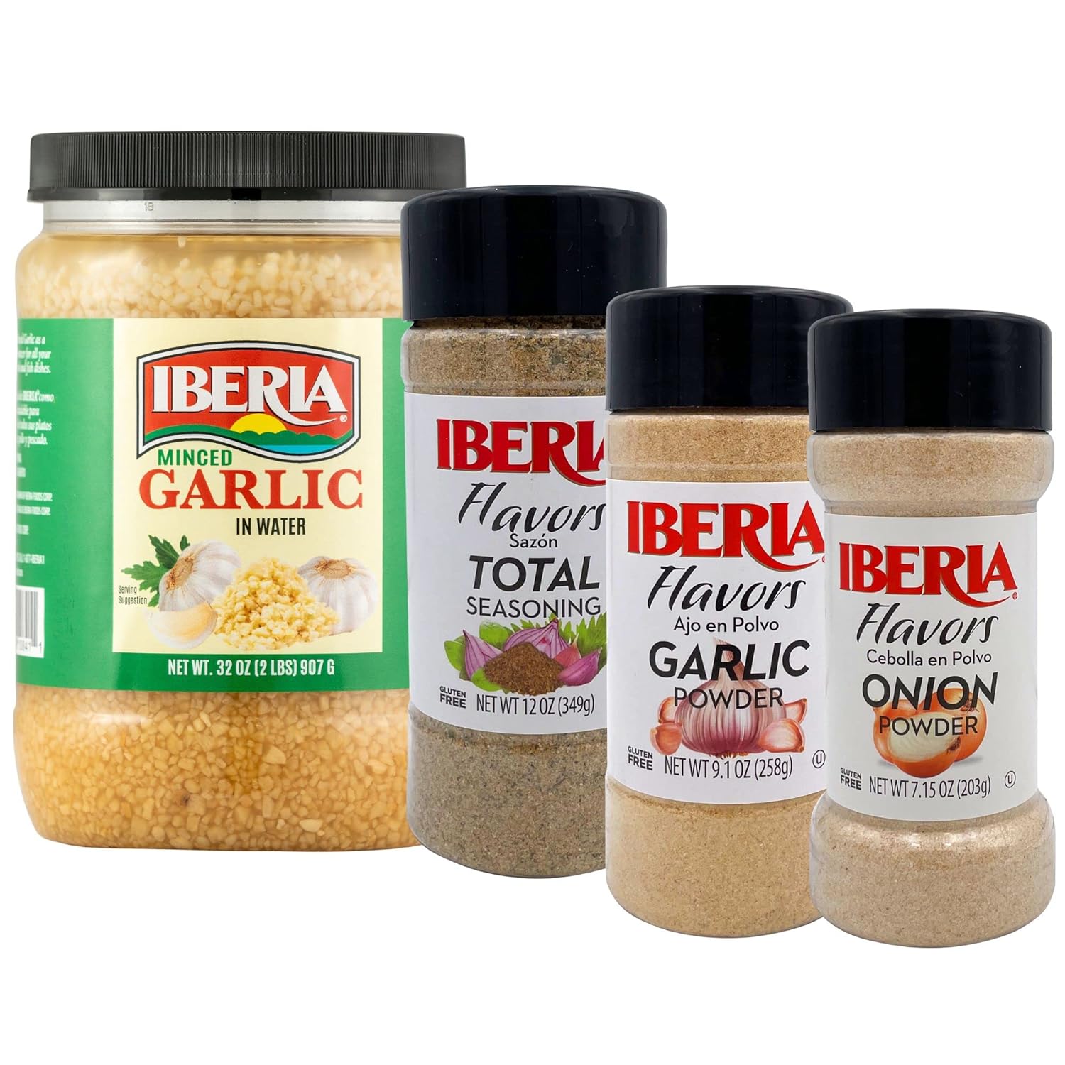 Iberia Spice Bundle: Onion Powder 7.5oz, Total Seasoning 12oz, Garlic Powder 9.1 oz, Minced Garlic 32 oz : Grocery & Gourmet Food