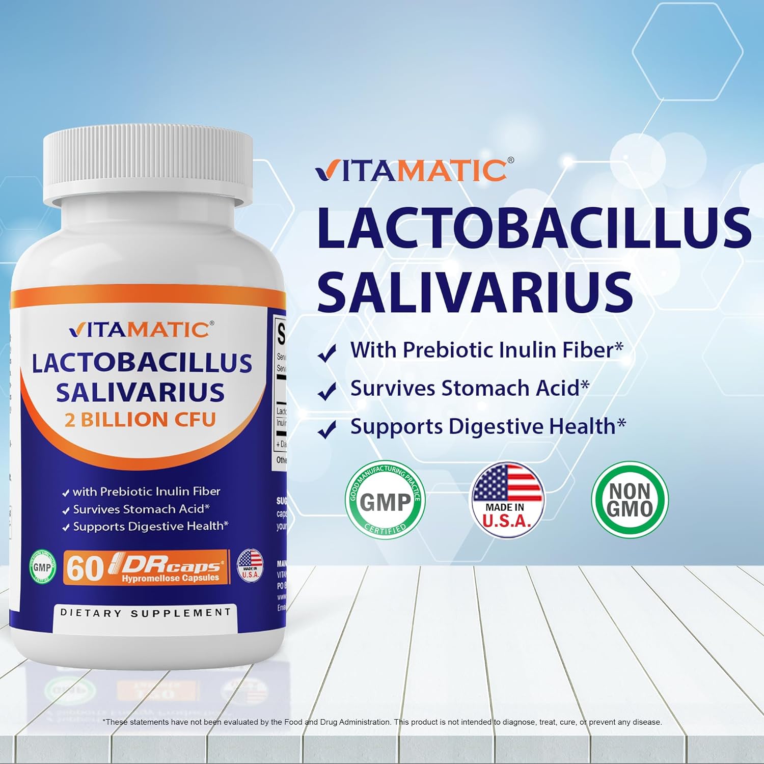 Vitamatic Lactobacillus Salivarius 2 Billion per DR Capsule - 60 Count - Digestive Support - Made with Prebiotic Inulin Fiber : Health & Household
