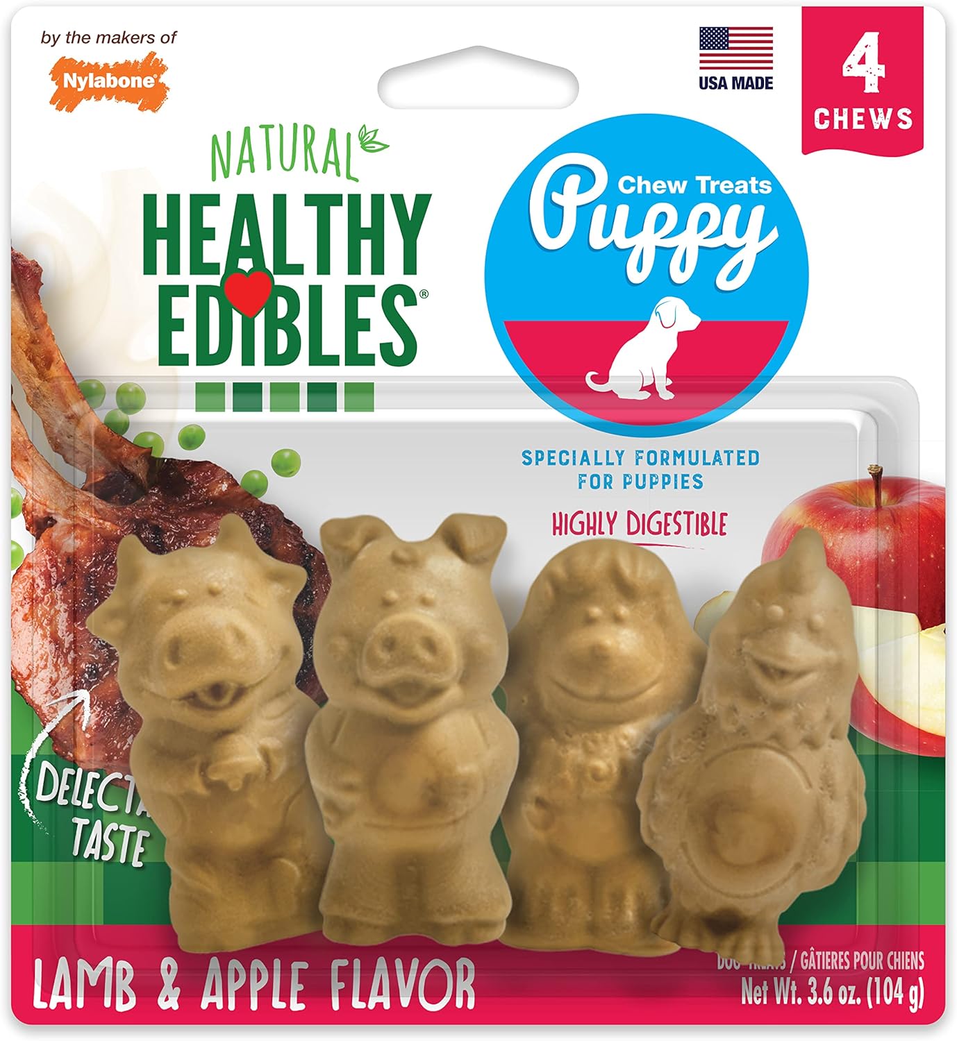 Nylabone Healthy Edibles Natural Puppy Chews Long Lasting Lamb & Apple Flavor Treats for Puppies, Small/Regular (4 Count)
