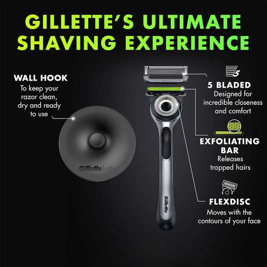 Gillette Labs With Exfoliating Bar By Men'S Razor Set, 1 Shower Hook, Handle, 2 Blade Refills, Silver And Black, Razors For Men, Mens