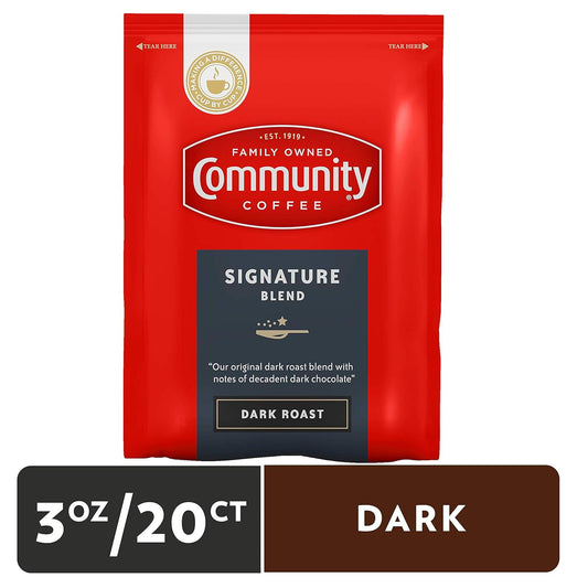 Community Coffee Signature Blend, Dark Roast Pre-Measured Coffee Packs, 3.0 Ounce Bag (Box of 20)