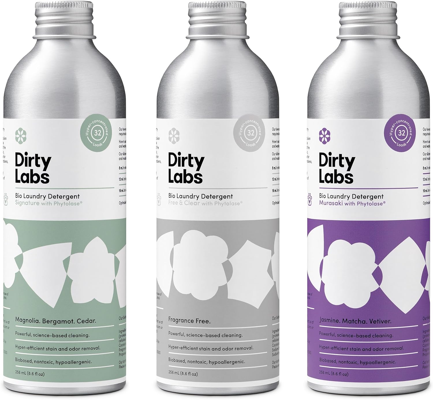 Dirty Labs | Laundry Detergent Sampler Kit | Signature, Murasaki & Free & Clear | 3X 32 Loads | Hyper-Concentrated | High Efficiency & Standard Machine Washing | Nontoxic, Biodegradable