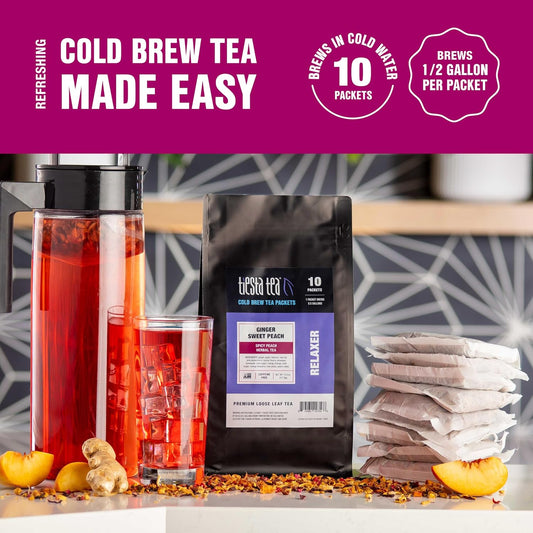 Tiesta Tea - Ginger Sweet Peach Cold Brew Tea | Spicy Peach Herbal Tea | Premium Loose Leaf Iced Tea Blends | Non Caffeinated Iced Tea | 10 Cold Brew Tea Bags - Brews 1 64Oz Pitcher Each