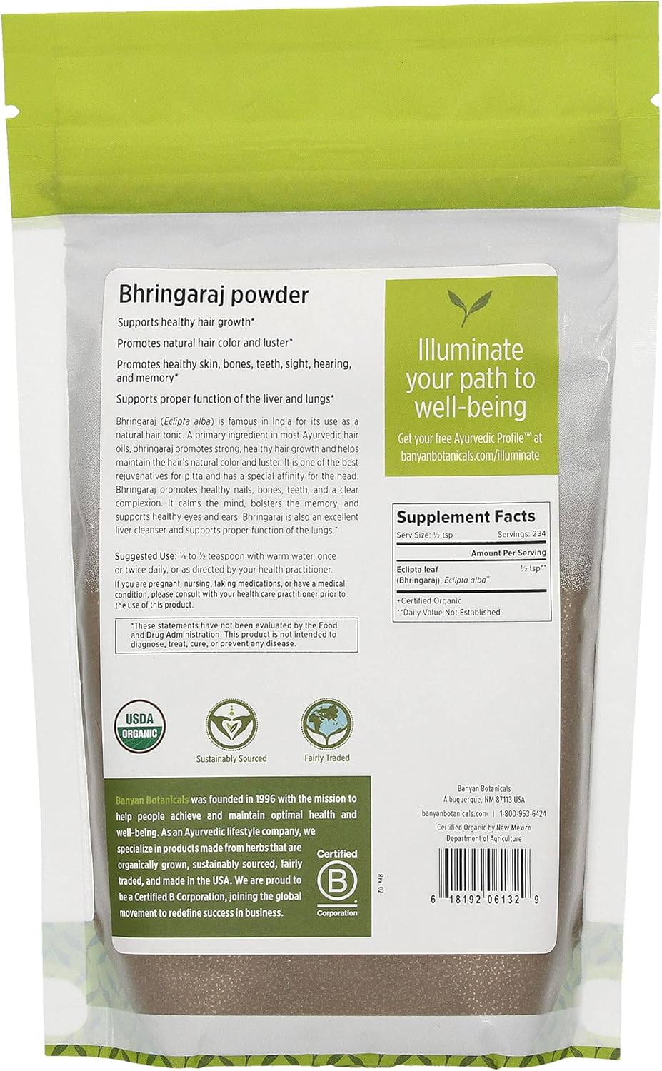 Banyan Botanicals Bhringaraj Powder (Eclipta aa) – Organic Herbal Powder for Beautiful Hair – for a Calm Mind and Healthy Hair, Nails, Bones, and Teeth* – ½ . – Non-GMO Sustainably Sourced Vegan