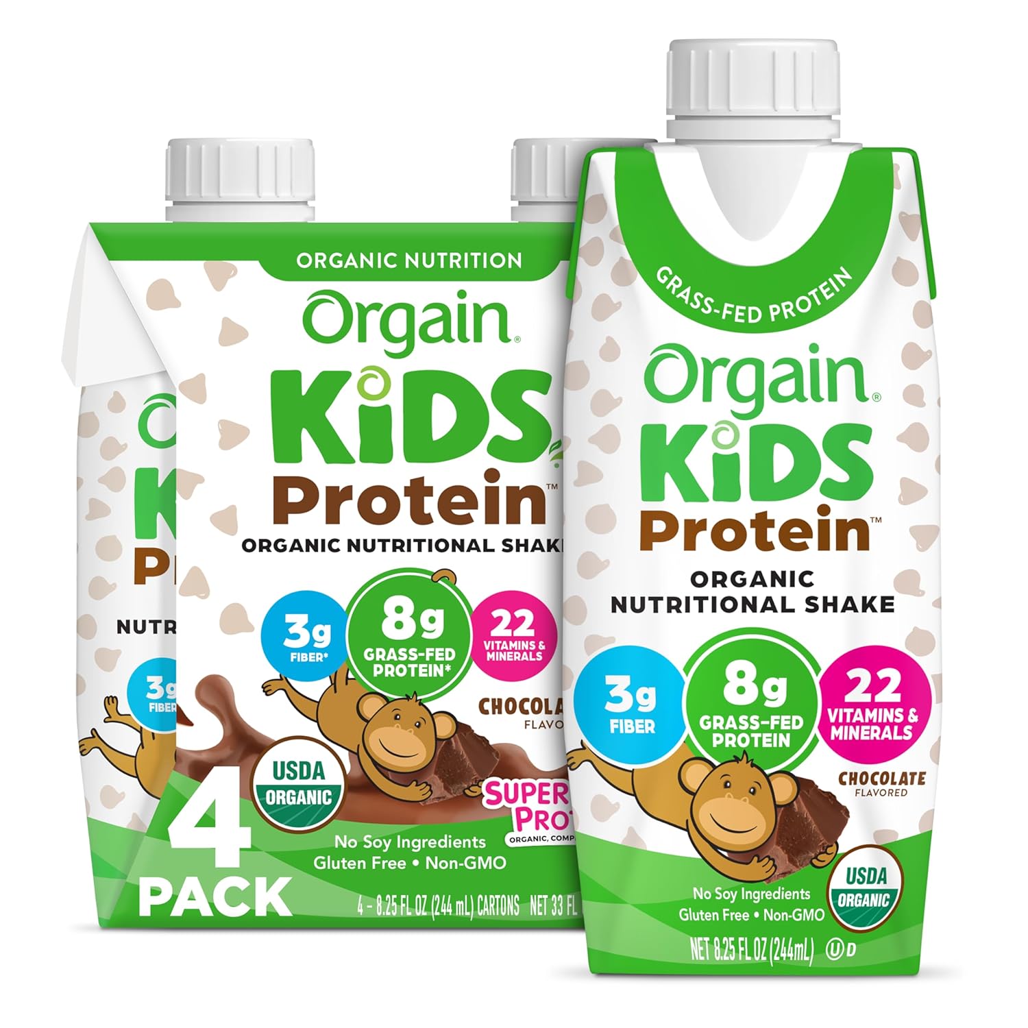 Orgain Organic Kids Nutritional Protein Shake, Chocolate, Healthy Kids Snacks, 8G Dairy Protein, 3G Fiber, 22 Vitamins & Minerals, No Soy Ingredients, Non-Gmo, 8.25 Fl Oz (Packaging May Vary) (4 Pack)