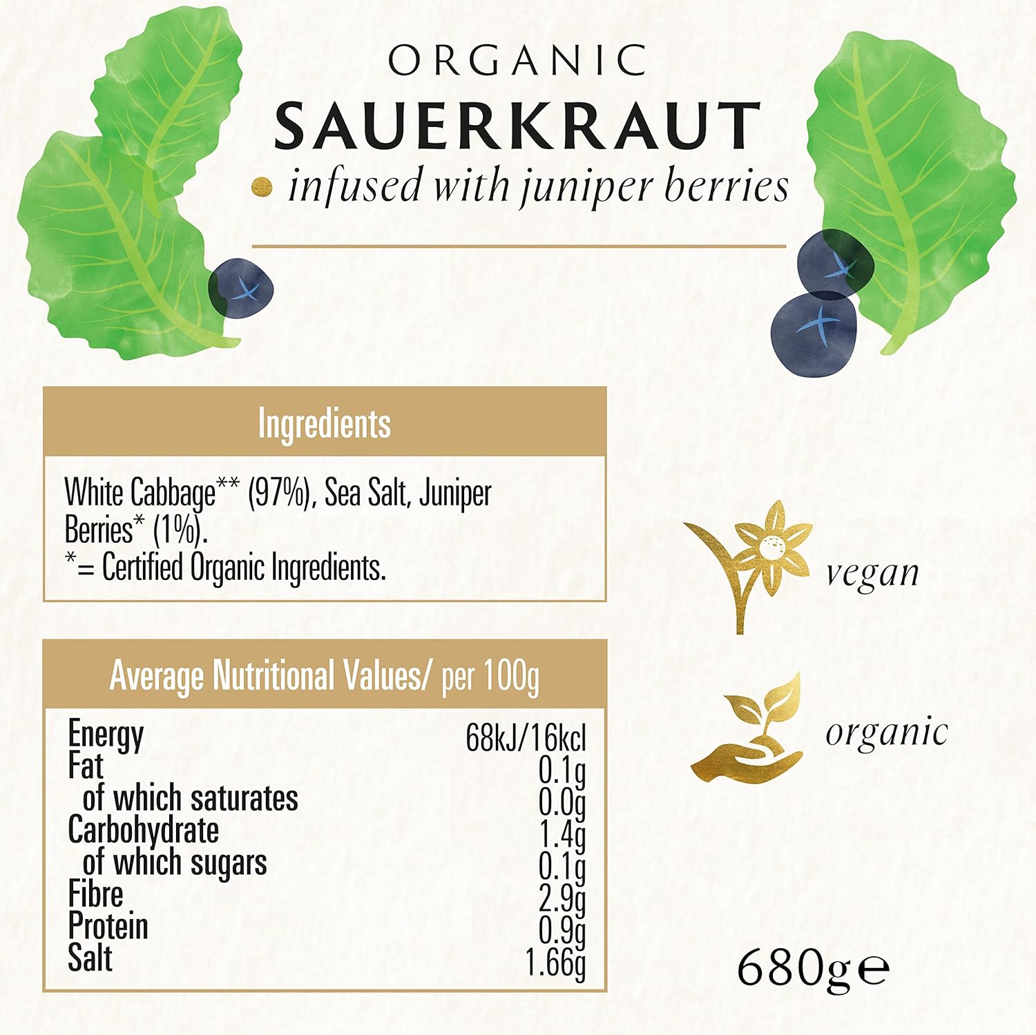 Biona Organic Sauerkraut 680G - Infused With Juniper Berries - Naturally Fermented Organic White Cabbage - Pasteurised - High In Protein, Naturally Vegan - No Additives