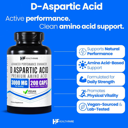 D-Aspartic Acid Capsules 3000Mg | 200 Vegan Capsules | Premium Amino Acid Supplement | Naturally Sourced | Non-Gmo & Gluten-Free | Made In The Usa