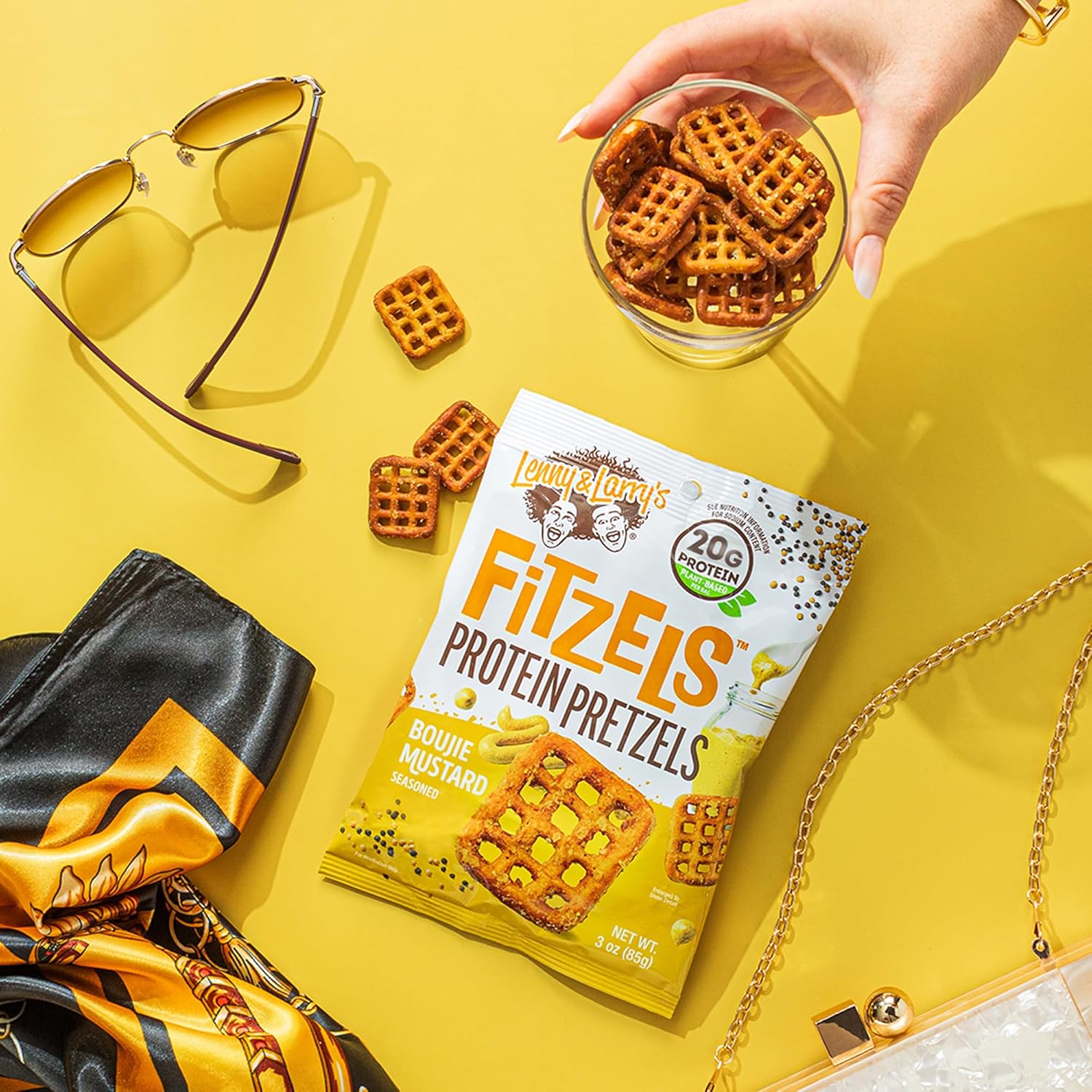 Lenny & Larry'S Boujie Mustard Fitzels- Savory Pretzel Snacks Incredibly Tasty, High Protein, Salty, Vegan, 20 G'S Of Plant Based Protein 8 (Eight) Bags, 3 Oz Each
