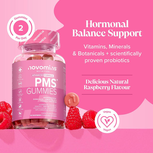 Pms Gummies - Vegan Pms Supplements For Women - With Probiotics, Vitamin B6, Magnesium - Vegan - Hormone Balance For Women - 60 Gummies - Novomins
