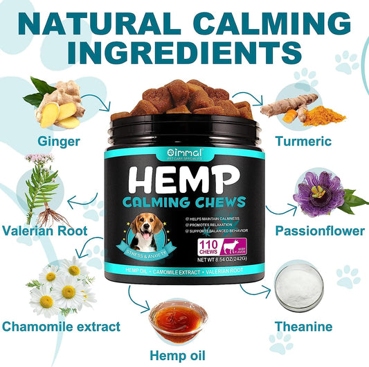 Hemp Calming Chews for Dogs, 110 Chews Beef Dog Calming Treats Anxiety Relief 100% Golden Ratio of Natural Ingredients Calming Dog Treats, Aid with Separation, Barking, Stress Relief, Thunderstorms