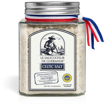 Le Saliculteur De Guerande - Celtic Salt 16Oz - Coarse Grey Sea Salt - French Organic Mineral Salt With Glass Jar - Natural And Hand Harvested- Cgmp And Pgi Certified
