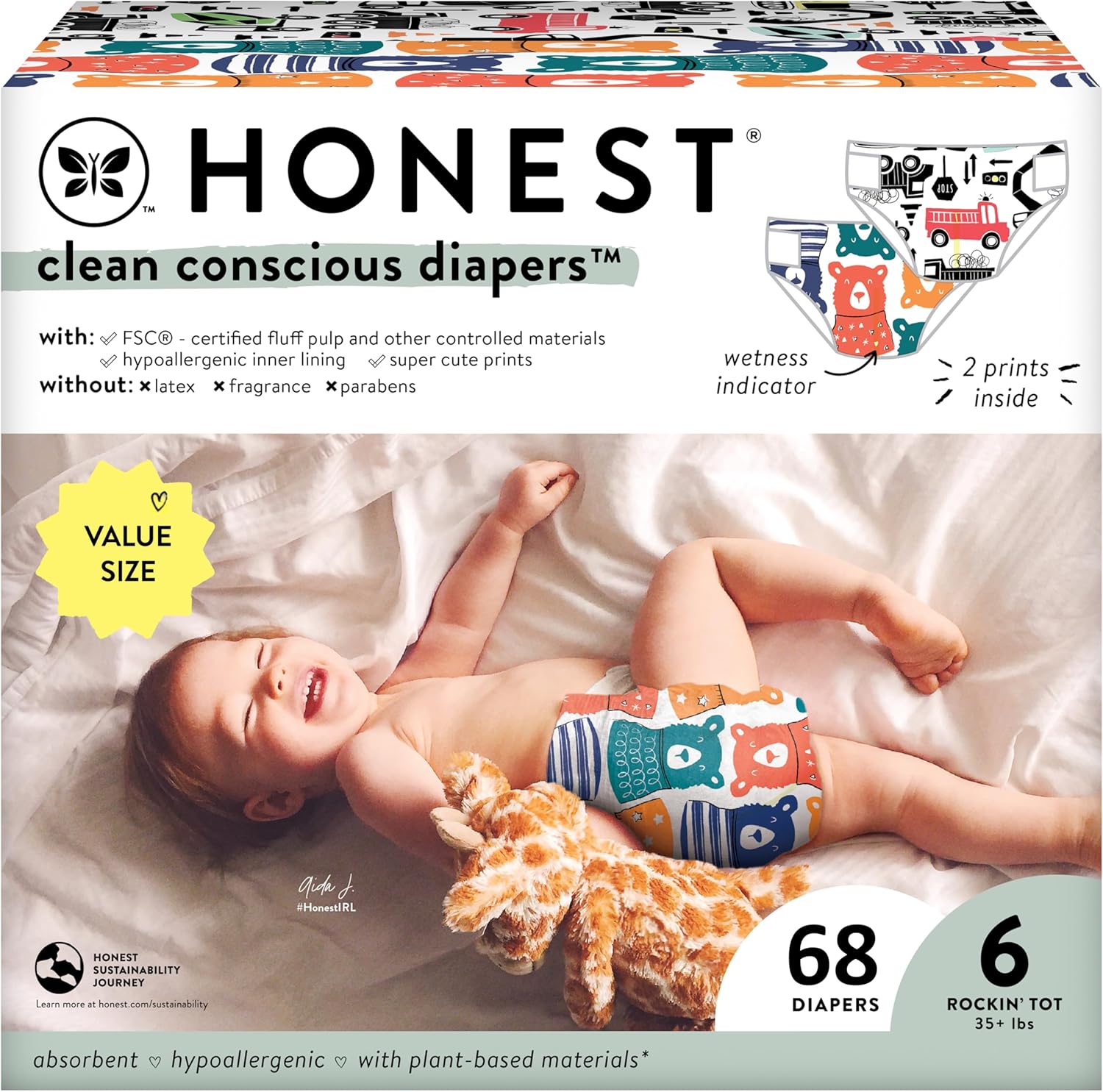 The Honest Company Clean Conscious Diapers | Plant-Based, Sustainable | Beary Cool + Big Trucks | Super Club Box, Size 6 (35+ Lbs), 68 Count