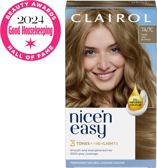 Clairol Nice'N Easy Crème, Natural Looking Oil Infused Permanent Hair Dye, 7A/7C Dark Ash Blonde
