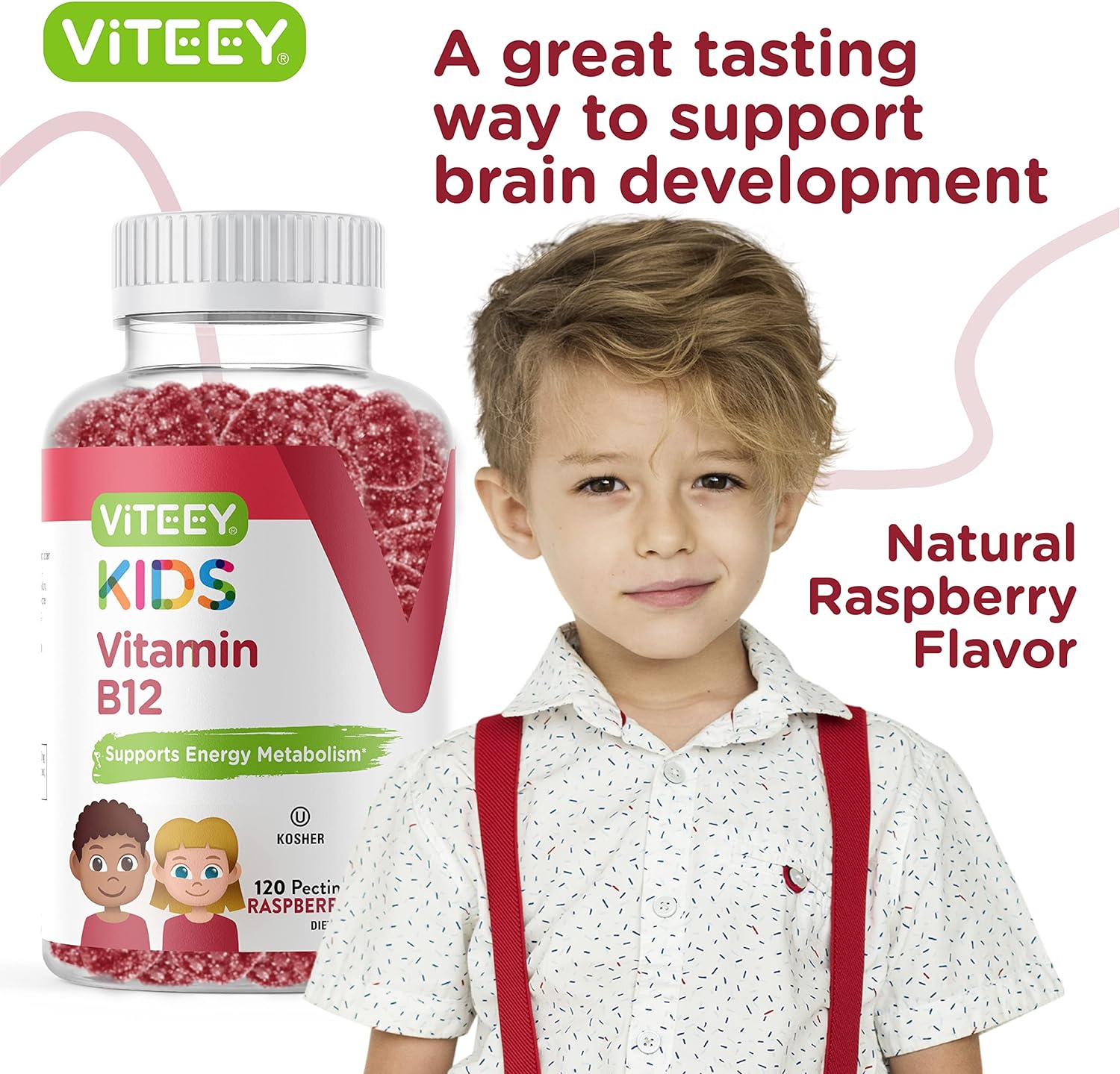 Vitamin B12 for Kids Gummies, 1000mcg - Metabolism, Natural Energy Support - Vegan, Gelatin Free, Gluten Free, GMO Free - Tasty Chewable B12 Raspberry Flavored Gummy : Health & Household