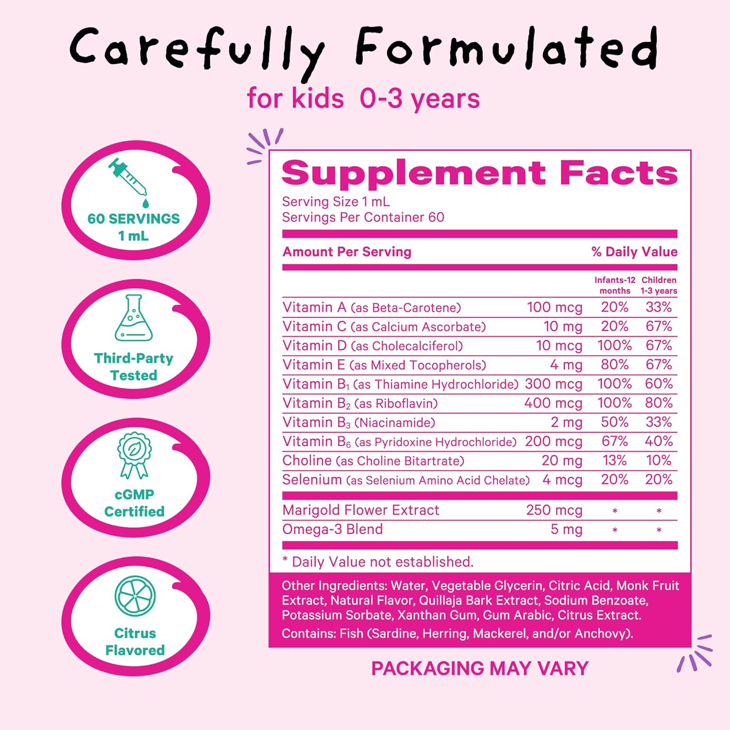 Pink Stork Baby Liquid Multivitamin Drops, Baby & Toddler Vitamin Drops with DHA, Vitamin C, D, B12 and Choline to Support Brain Health and Immune Function - 2 fl oz, 2 Month Supply : Health & Household